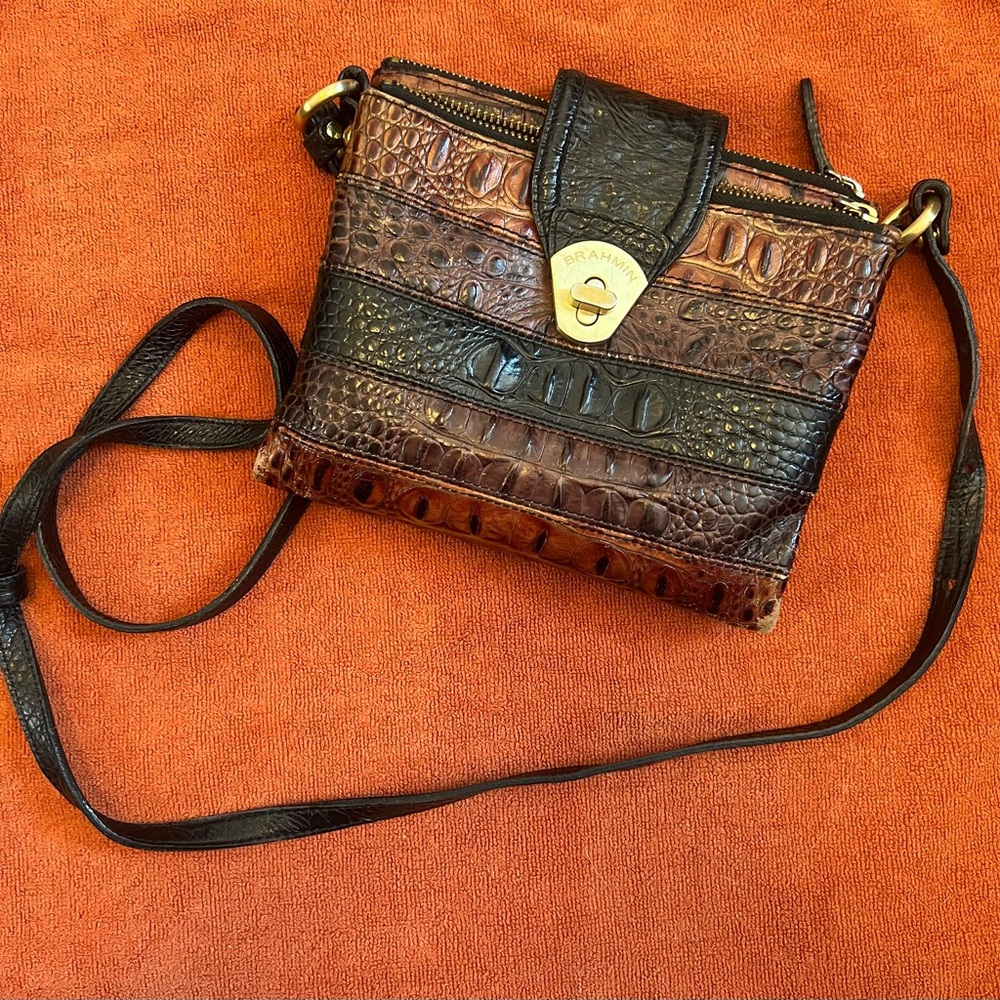 Brahmin Brown and Black Textured Crossbody Bag with Gold Clasp